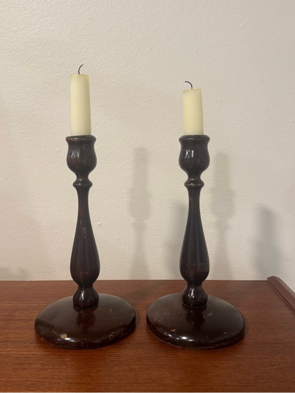 Vintage Pair Turned Mahogany Wood Candlesticks 8" Tall - MCM Colonial Aesthetic